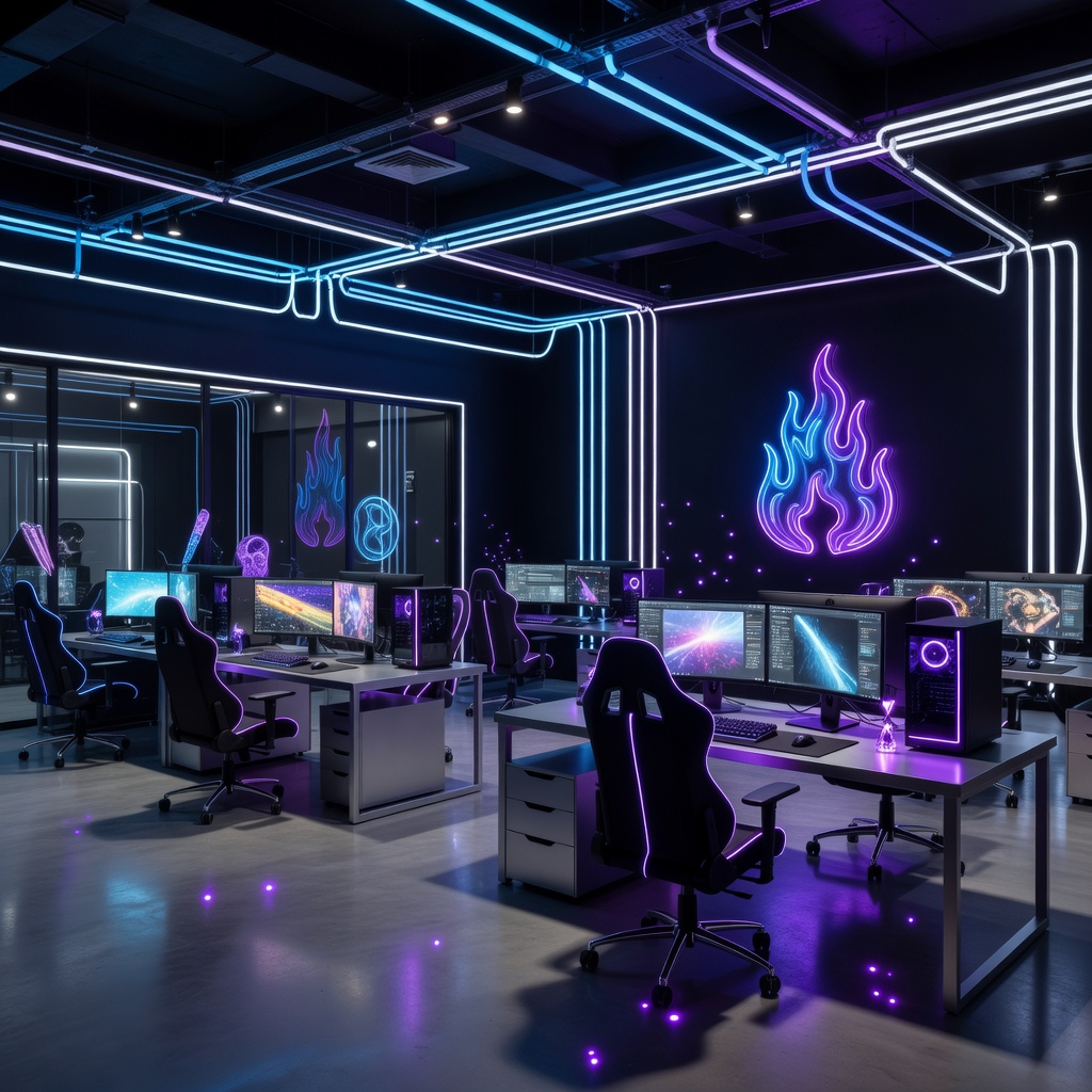 Neon lit modern game development studio environment with magical purple glowing accents