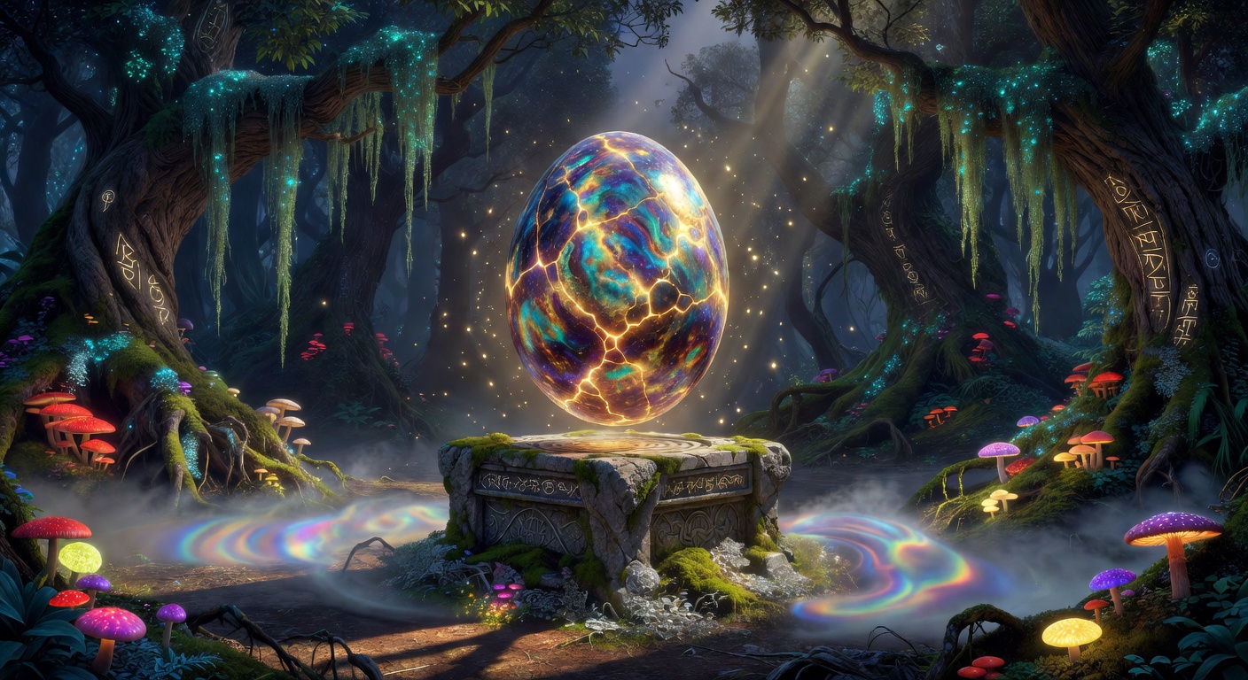 A glowing mystical dragon egg hovering over a magical pedestal in the enchanted forest