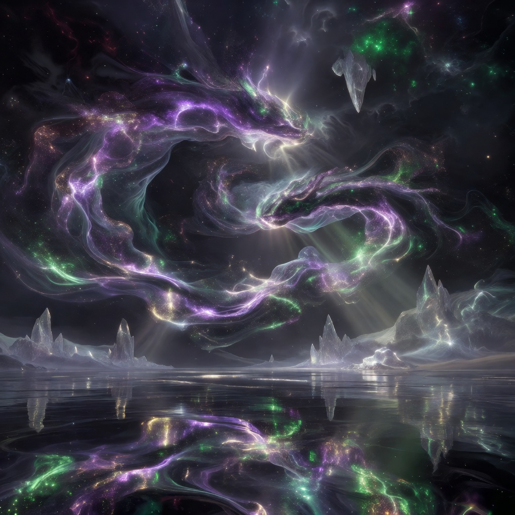 Mystical dragon energy waves in purple and green glowing colors